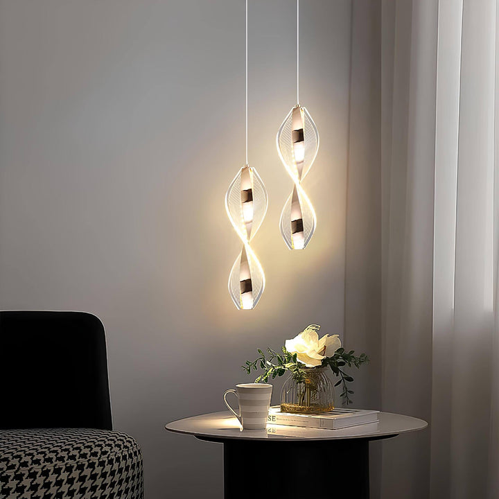 Iluminación LED colgante espiral moderna para salón. Diseño minimalista de acrílico, luz decorativa para ahorro energía.