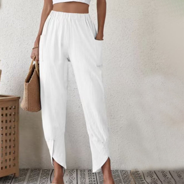 Cómodo pantalón femenino de pierna ancha y cintura elástica, perfecto para primavera/verano.