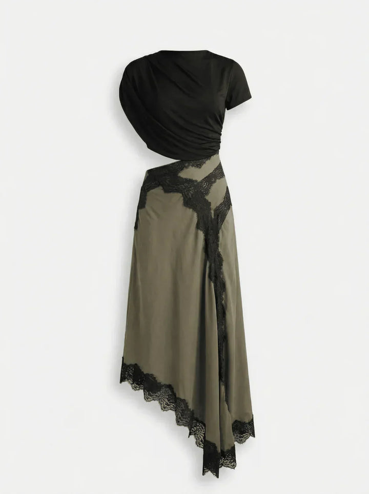 Ropa casual elegante mujer: top asimétrico y falda maxi encaje negro caqui. Moda femenina para primavera.