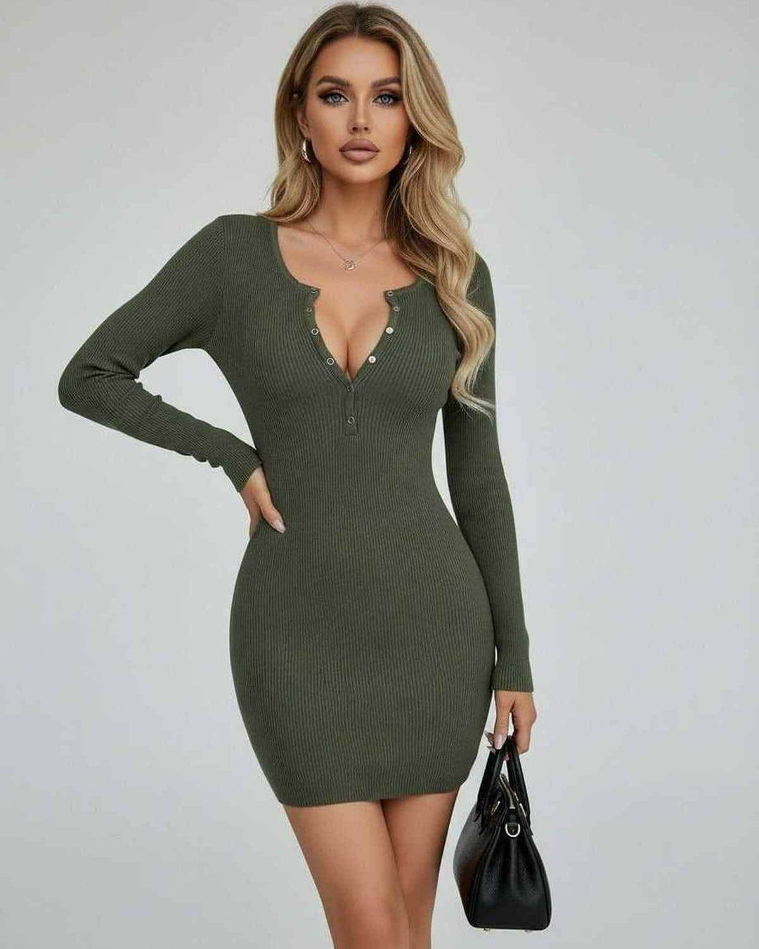 Vestido mini ajustado de mujer estilo moderno y elegante, color oliva, ropa versátil para ocasión.