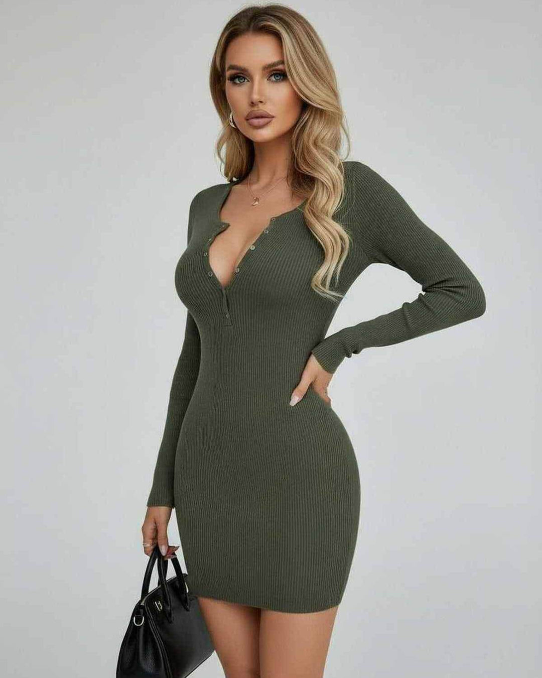 Vestido mini ajustado oliva para mujer, diseño elegante con manga larga, moda femenina esencial.