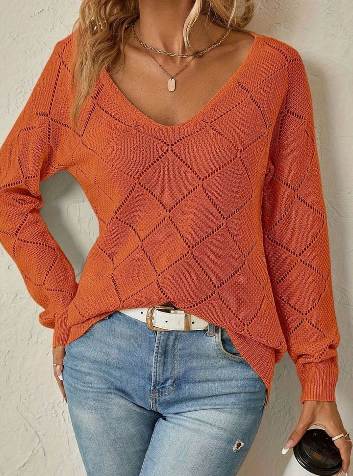 Jersey de punto calado fino para mujer, suave y cómodo. Escote en V y manga larga. Moda casual.