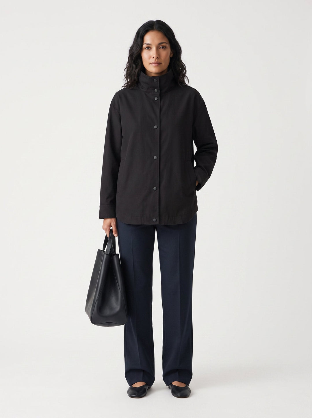 Sobrecamisa de algodón casual y versátil para mujer, cuello chimenea, perfecta para el día a día.