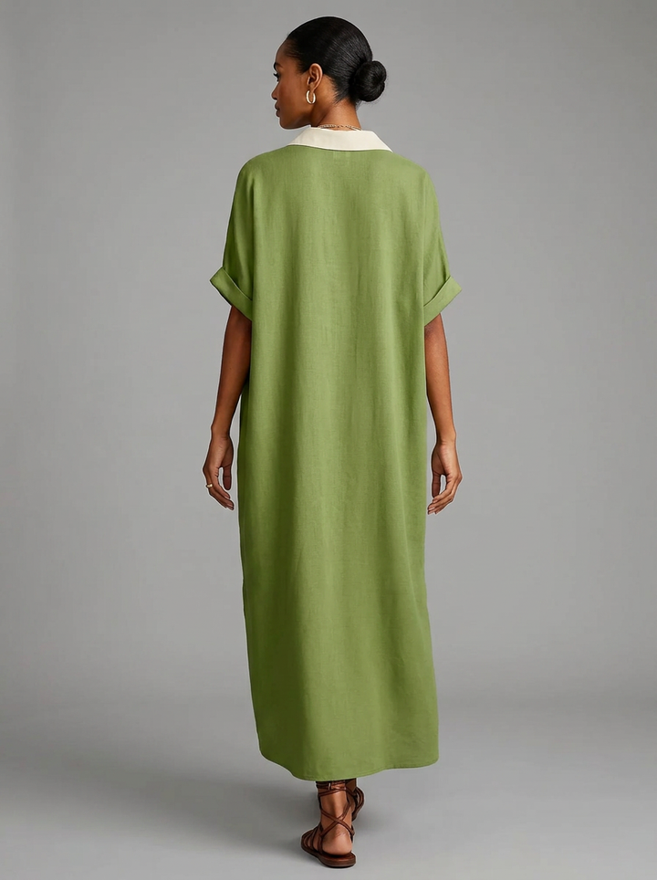 Vestido camisero midi para mujer con botones frontales y cuello clásico. Contraste sutil, ropa versátil.