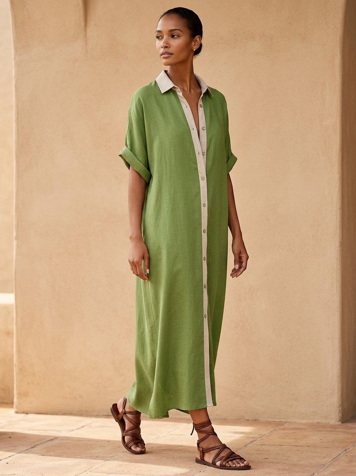 Vestido midi camisero de mujer, estilo casual elegante. Ideal para primavera y verano, moda cómoda.