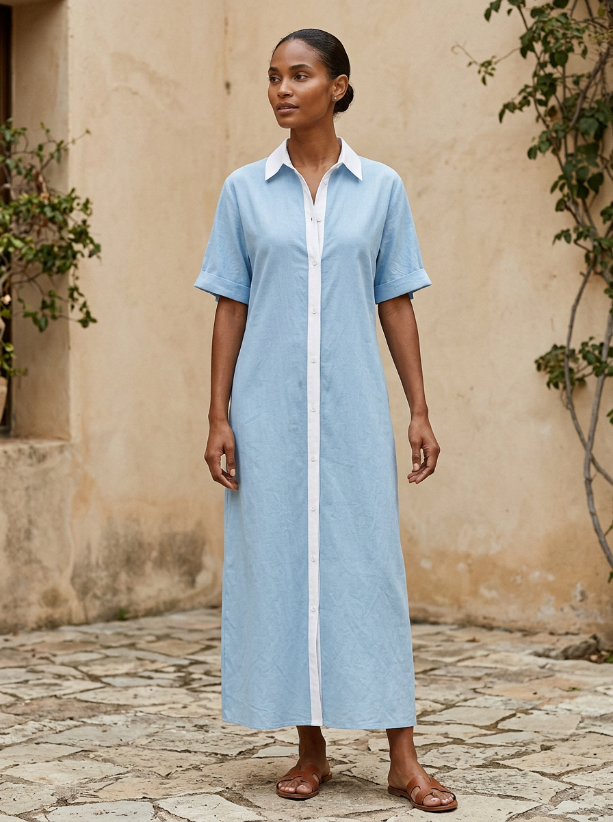 Silueta fluida de vestido midi camisero para mujer. Estilo elegante y cómodo, moda primavera-verano.