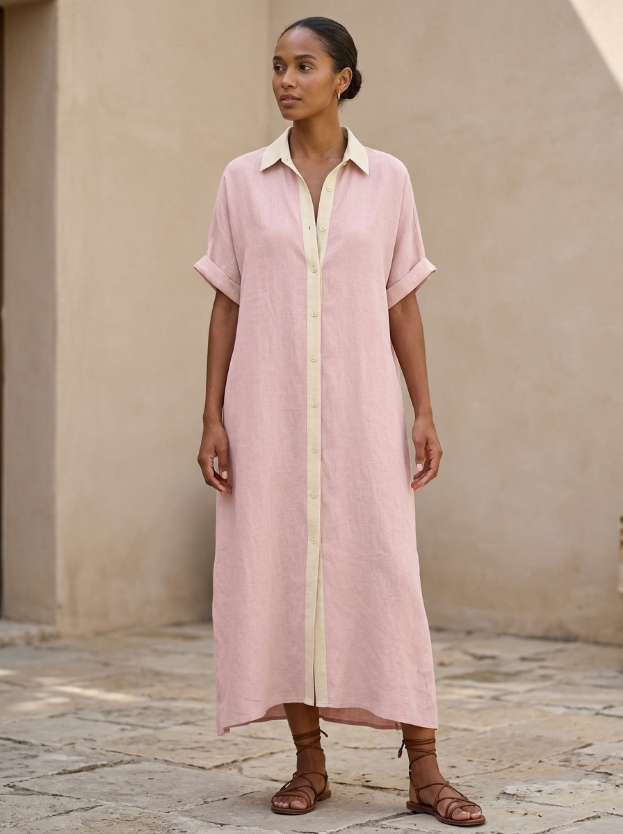 Vestido midi camisero de mujer con detalle de botones. Versátil, casual chic, ropa de moda.