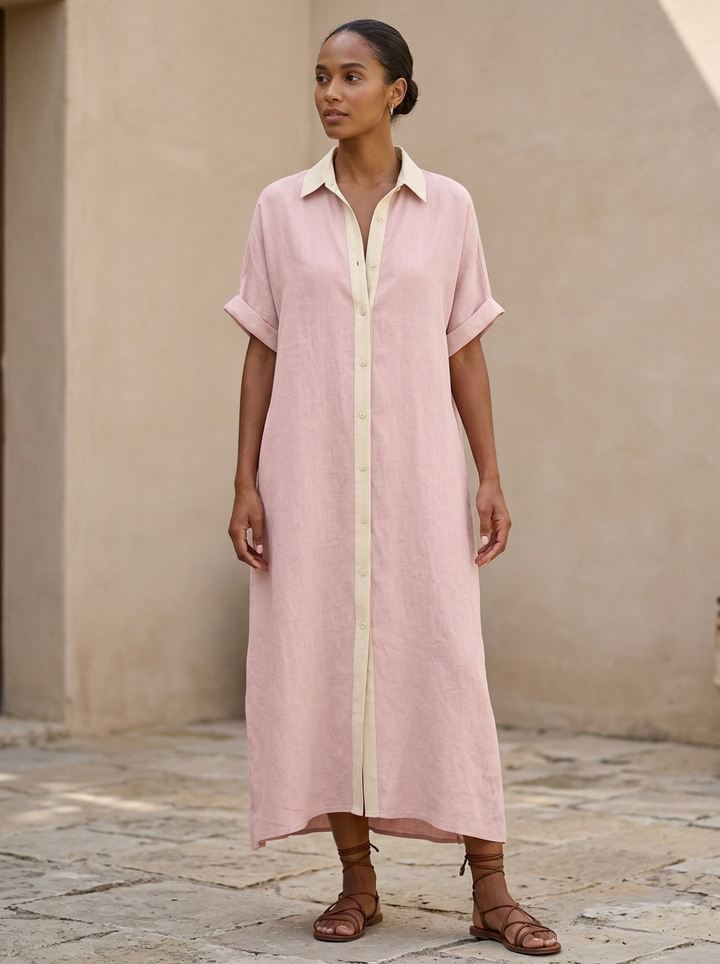 Vestido midi camisero de mujer con detalle de botones. Versátil, casual chic, ropa de moda.