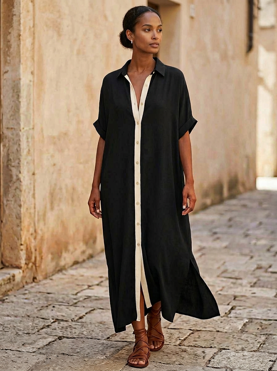 Vestido midi camisero ligero de mujer, tejido fresco. Estilo casual moderno y elegante para el verano.