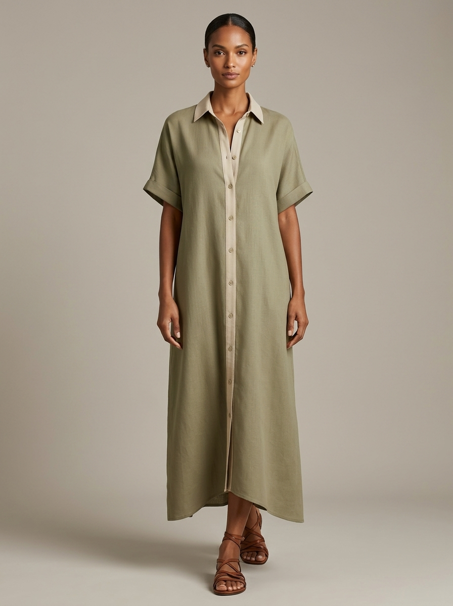 Mujer vistiendo vestido midi camisero, perfecto para looks casuales de día o un toque elegante.