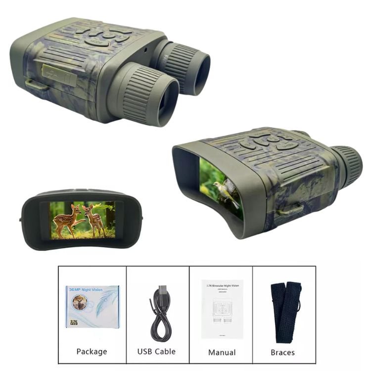 Persona utilizando binoculares de visión nocturna OptiClear para observar en un entorno oscuro de camping o seguridad.