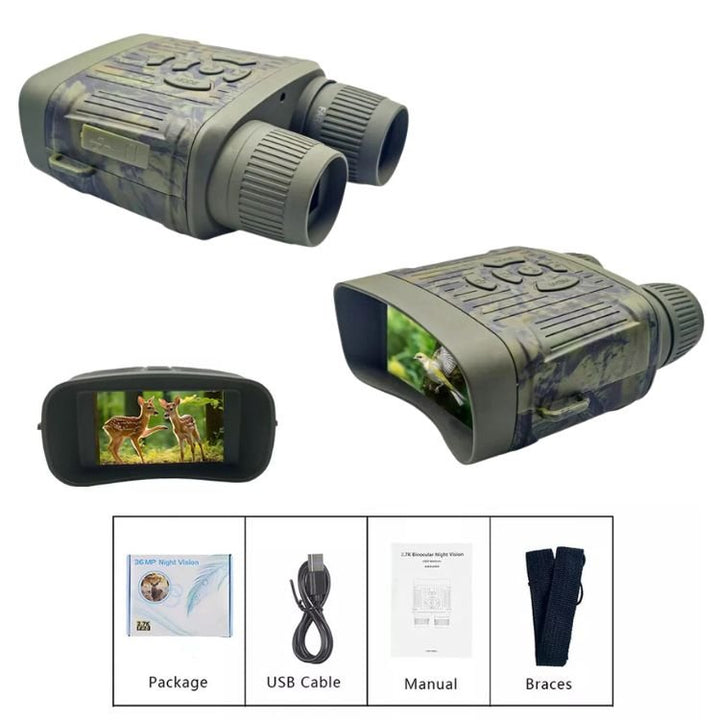 Persona utilizando binoculares de visión nocturna OptiClear para observar en un entorno oscuro de camping o seguridad.