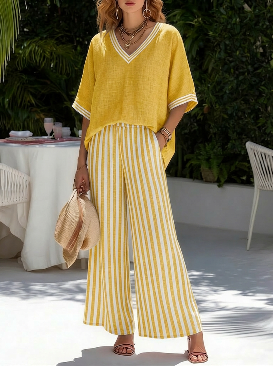 Conjunto de dos piezas para mujer, top y pantalón a rayas. Mezcla de lino y algodón. Estilo casual fresco.