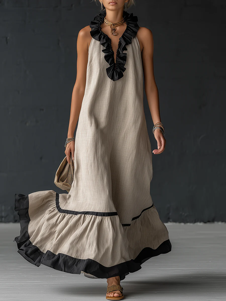 Espalda de vestido maxi boho para mujer, diseño cómodo y fluido, ideal para primavera y verano. Lino-algodón.