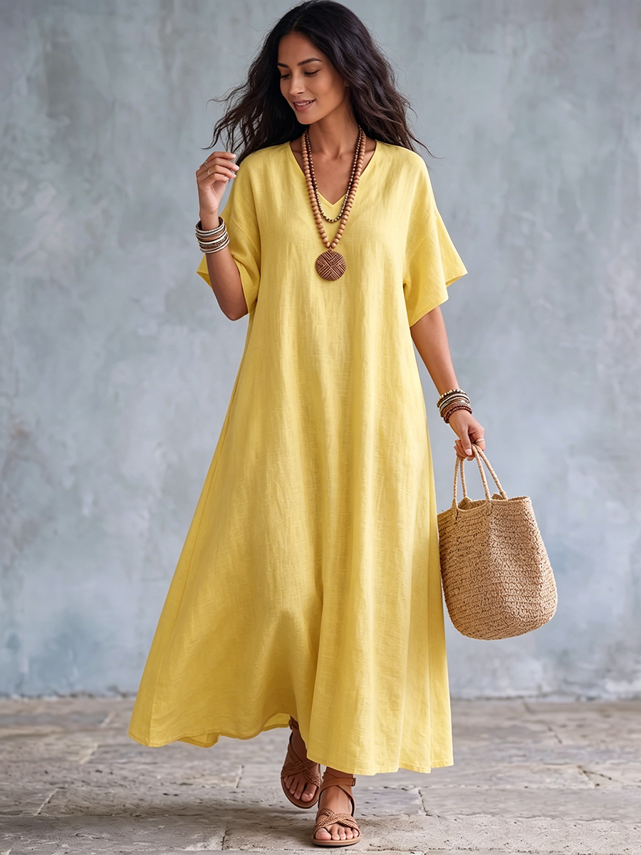 Vestido holgado de algodón lino para mujer, cuello V, perfecto para la playa o un look elegante de verano.