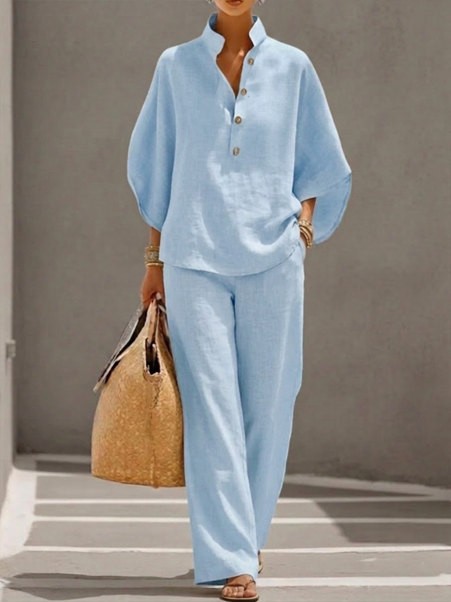 Elegante conjunto de mujer de algodón y lino para verano. Ropa fluida, cómoda y chic para días cálidos.