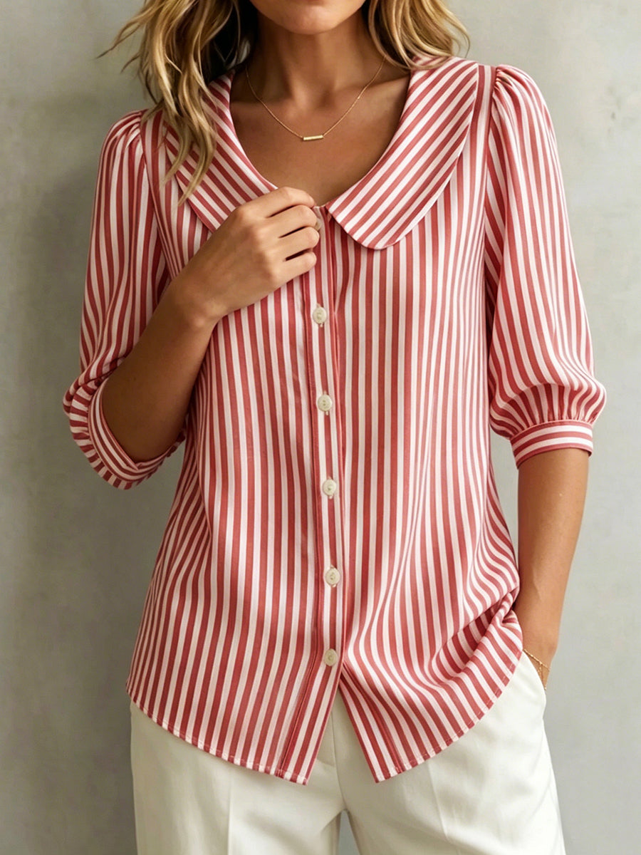 Blusa de algodón a rayas para mujer con botones, estilo casual-elegante, ideal primavera-verano.