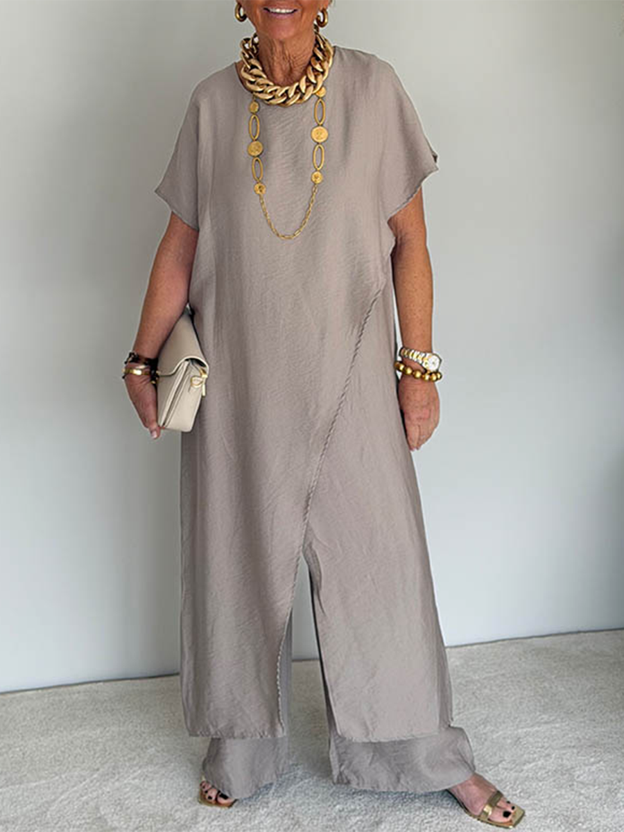 Conjunto de lino para mujer con túnica asimétrica y pantalón ancho, ideal para verano fresco y elegante.