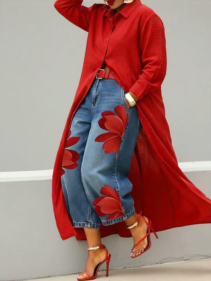 Conjunto de mujer: vestido camisero holgado y jeans florales vibrantes. Moda casual primavera verano, estilo moderno.
