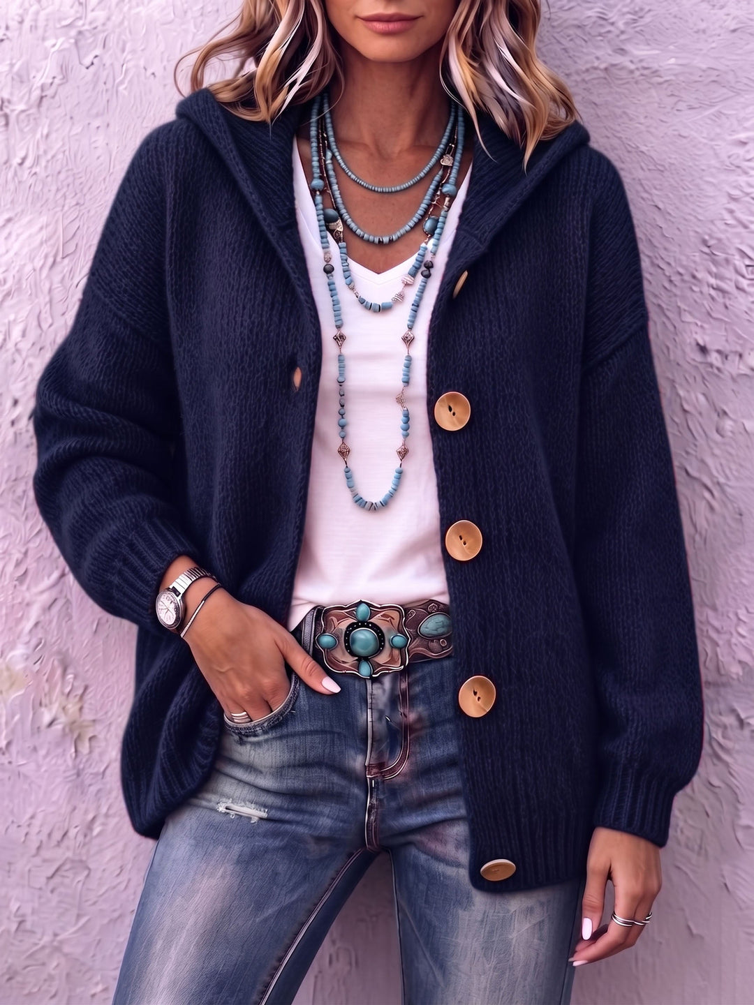 Cárdigan de punto para mujer, con capucha, botones y un look casual. Perfecto para el otoño/invierno.
