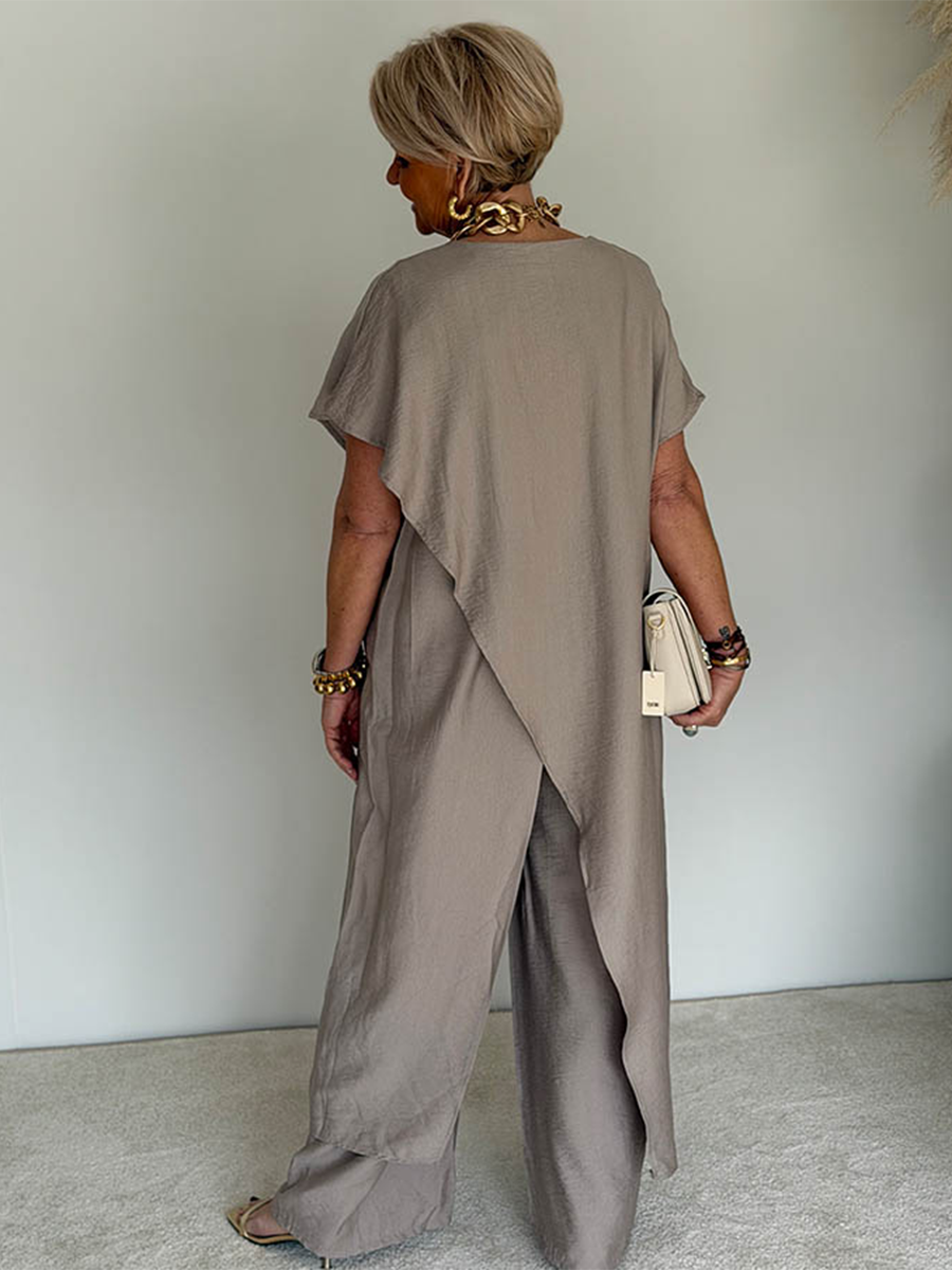 Elegante conjunto de lino para mujer, túnica asimétrica y pantalón ancho, cómodo y versátil para verano.