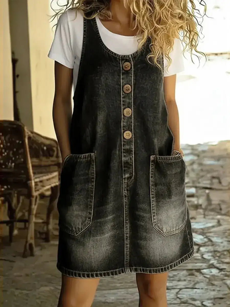 Vestido mini vaquero de mujer, estilo casual y fresco para verano, hecho de algodón denim. Ideal para look moderno.