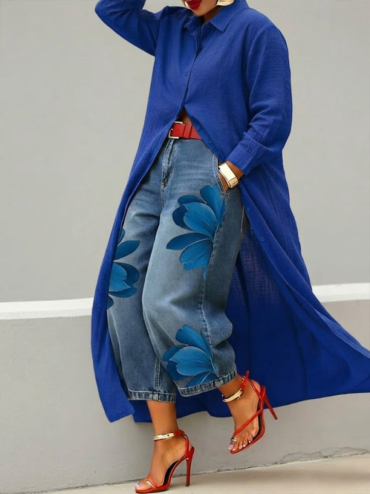 Ropa cómoda para mujer: conjunto de dos piezas con vestido camisero y jeans florales vibrantes. Estampado floral.