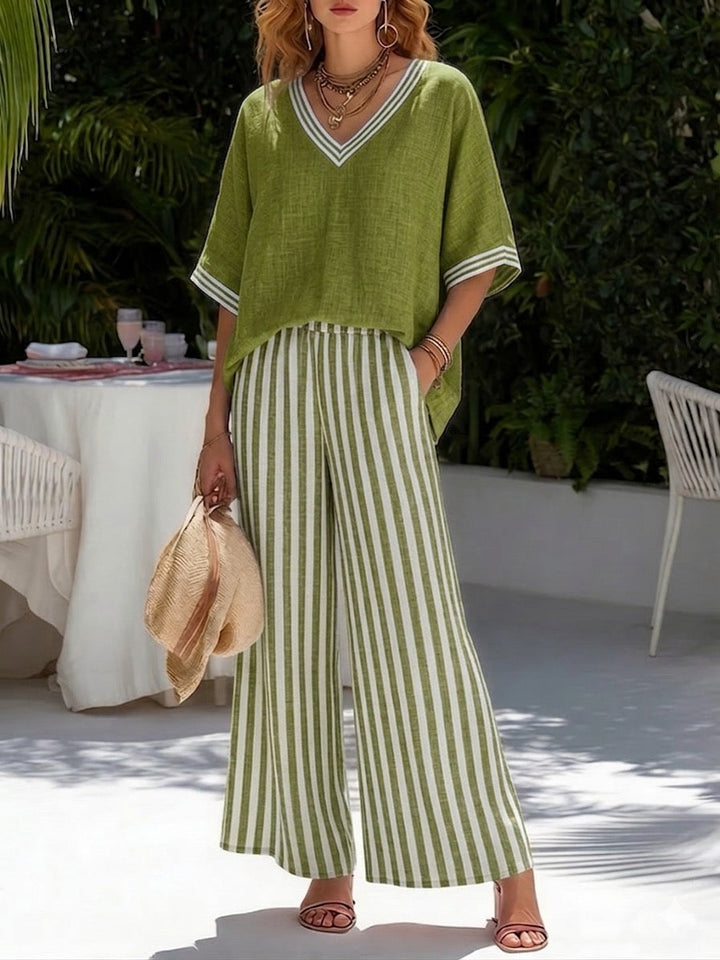 Conjunto de dos piezas de lino a rayas para mujer, perfecto para el verano, cómodo y fresco.