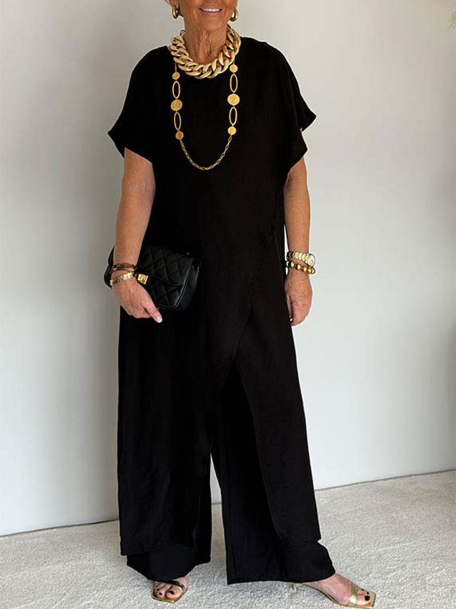 Pantalón ancho de lino y túnica asimétrica para mujer, un conjunto elegante y versátil, ideal para el verano.