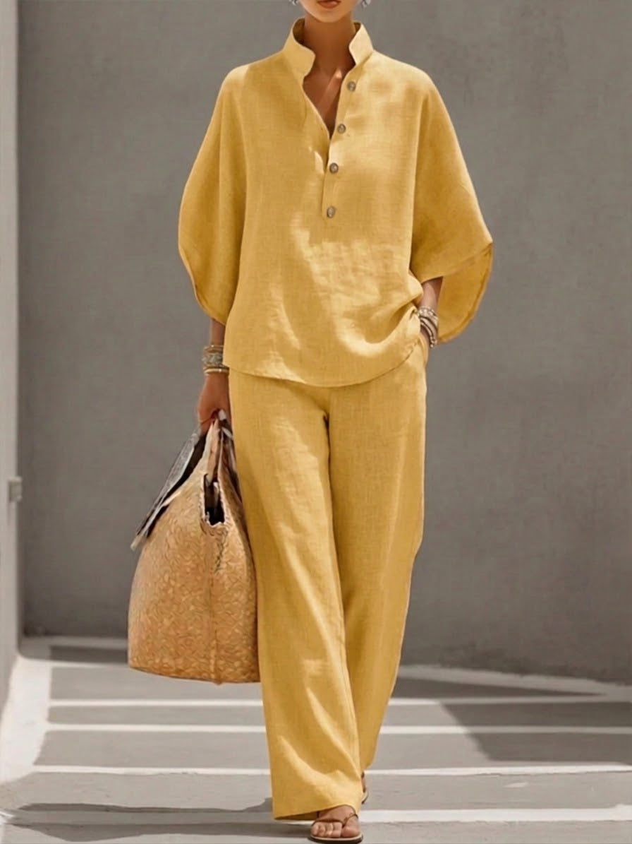 Conjunto de mujer de algodón y lino. Ropa fluida y cómoda, ideal para la moda de verano con elegancia natural.