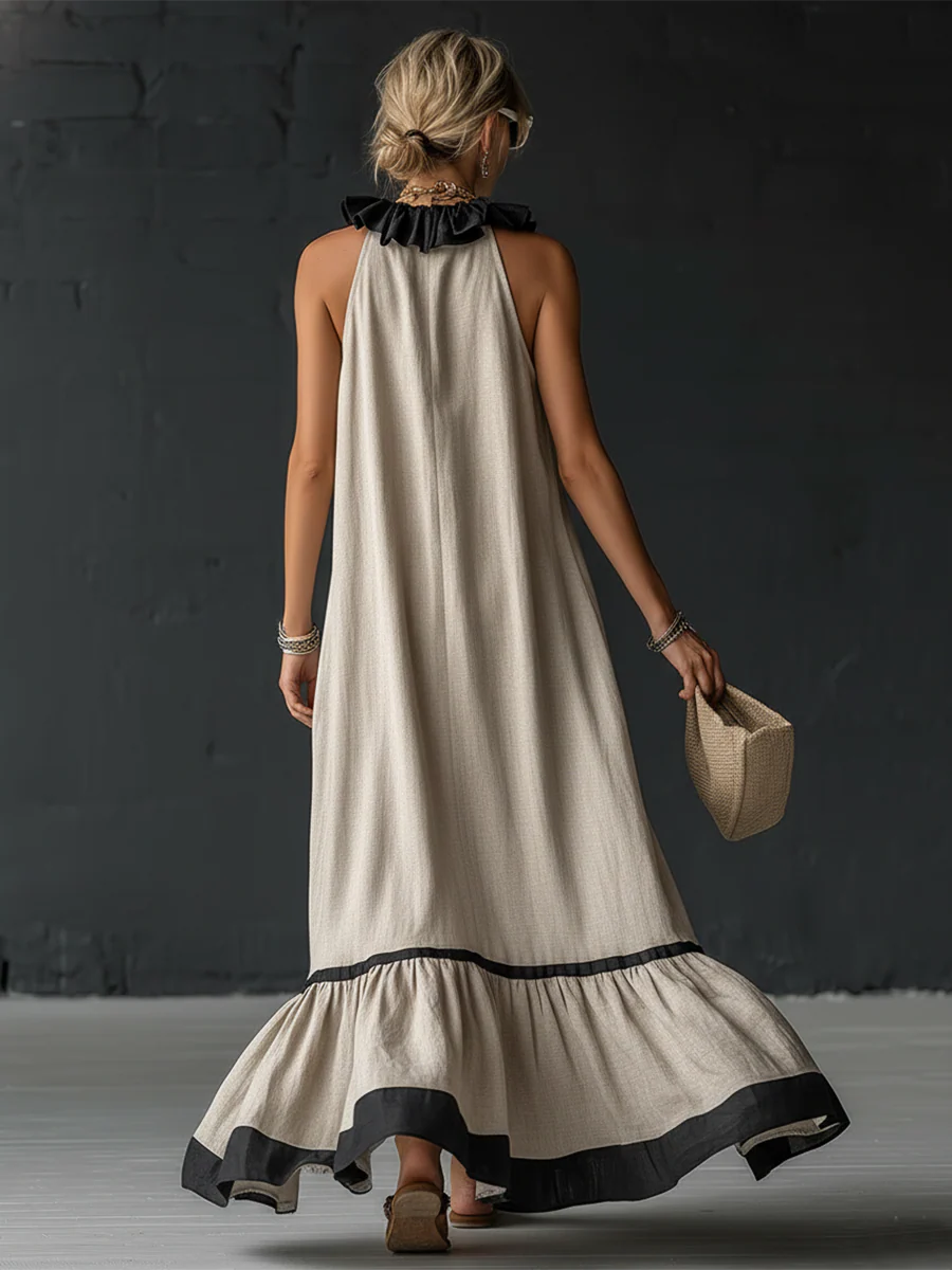 Volantes bicolor de vestido maxi boho, detalle clave para estilo casual o elegante de primavera. Tejido fresco.