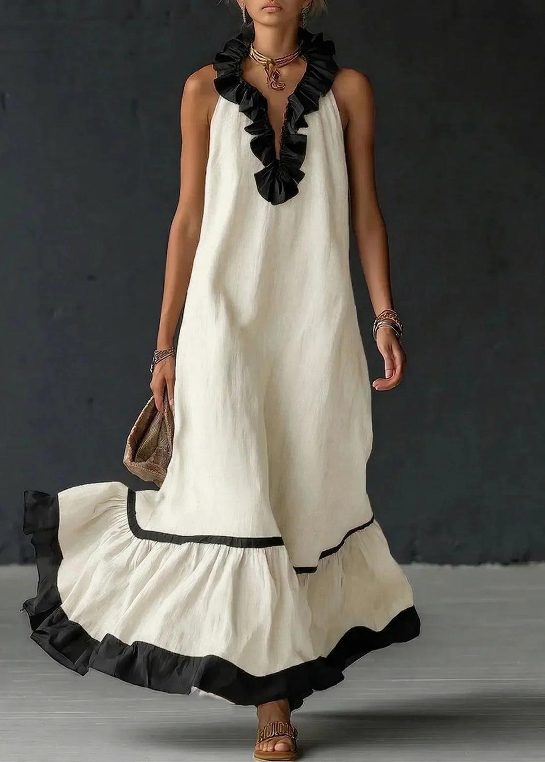 Vestido largo de verano para mujer, cuello halter, volantes. Frescor y elegancia casual en algodón lino.