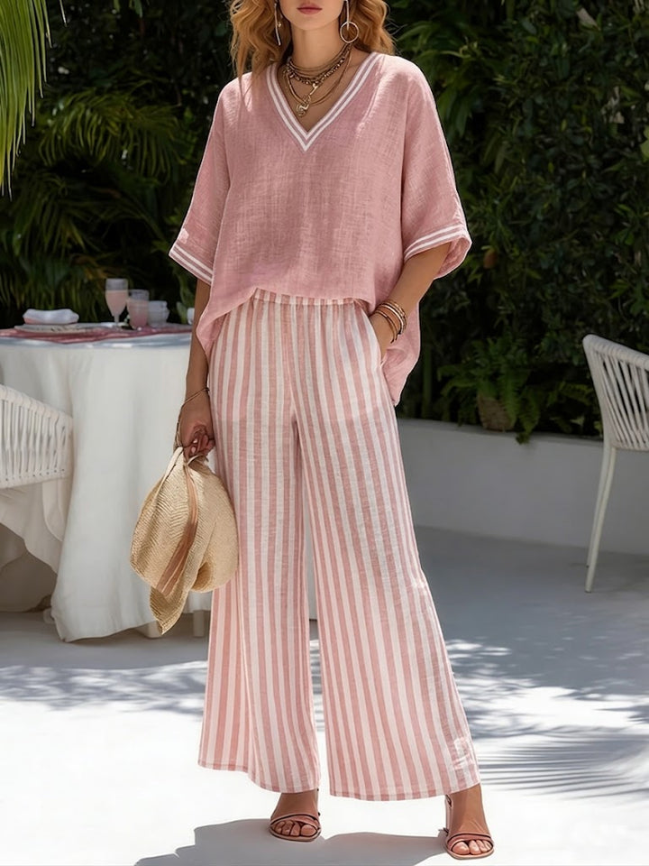 Primer plano de la camisa de lino a rayas del conjunto de verano para mujer, diseño fresco y versátil.