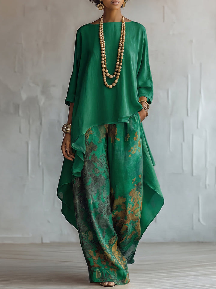 Conjunto de mujer elegante floral bohemio, dos piezas con pantalón fluido, ideal para un estilo veraniego fresco.