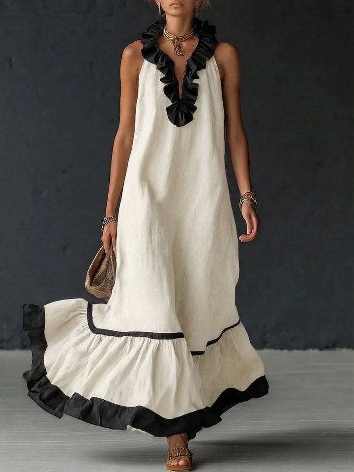 Escote cómodo de vestido maxi boho bicolor para mujer, volantes sutiles, ideal para primavera/verano. Algodón.