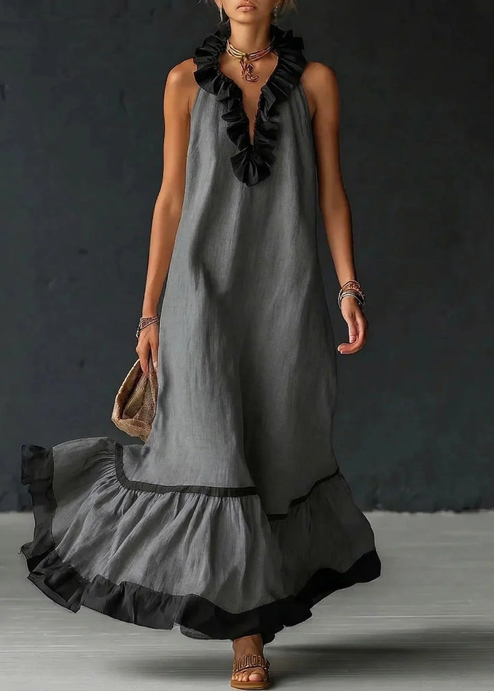 Vestido largo de mujer, cuello halter y volantes. Ropa elegante de algodón lino, estilo casual de verano.