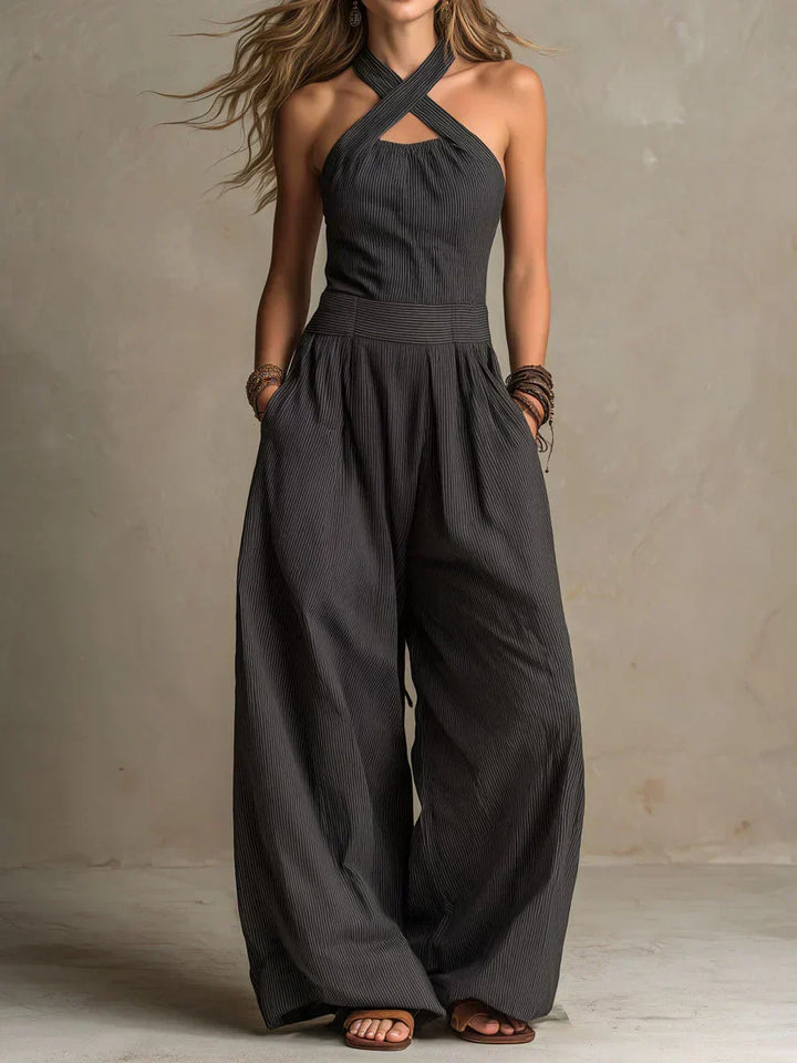 Mono de verano para mujer, elegante y versátil. Diseño cruzado con pantalón de pierna ancha, moda cómoda y chic.