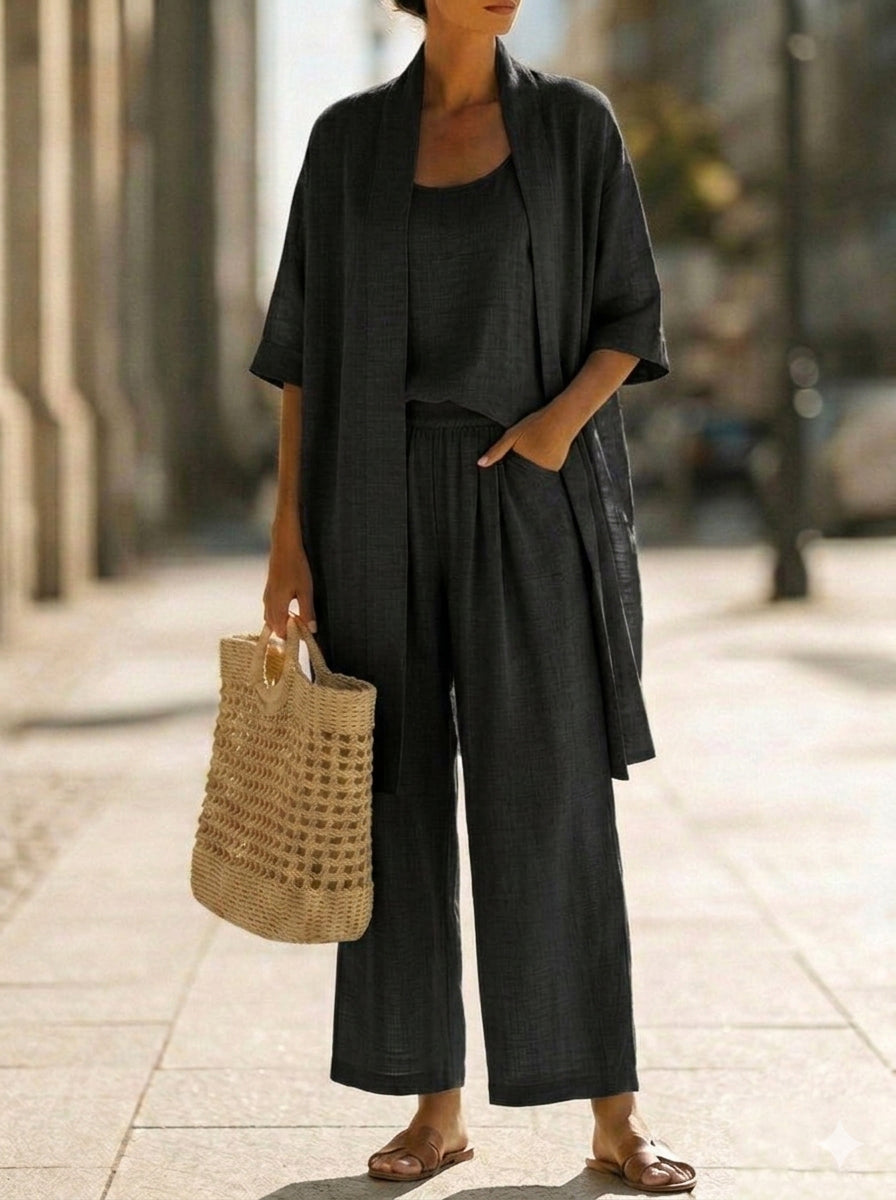 Vestido largo (conjunto) fluido para mujer con pantalón ancho y kimono. Elegancia casual.