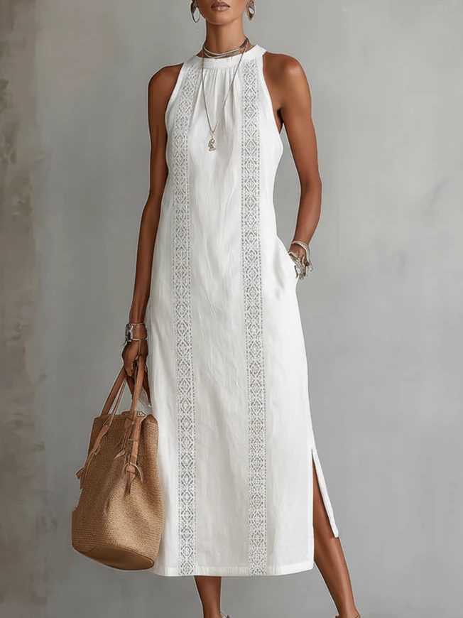 Vestido midi de lino para mujer con cuello mao. Estilo fresco y elegante, ideal para verano y moda casual femenina.