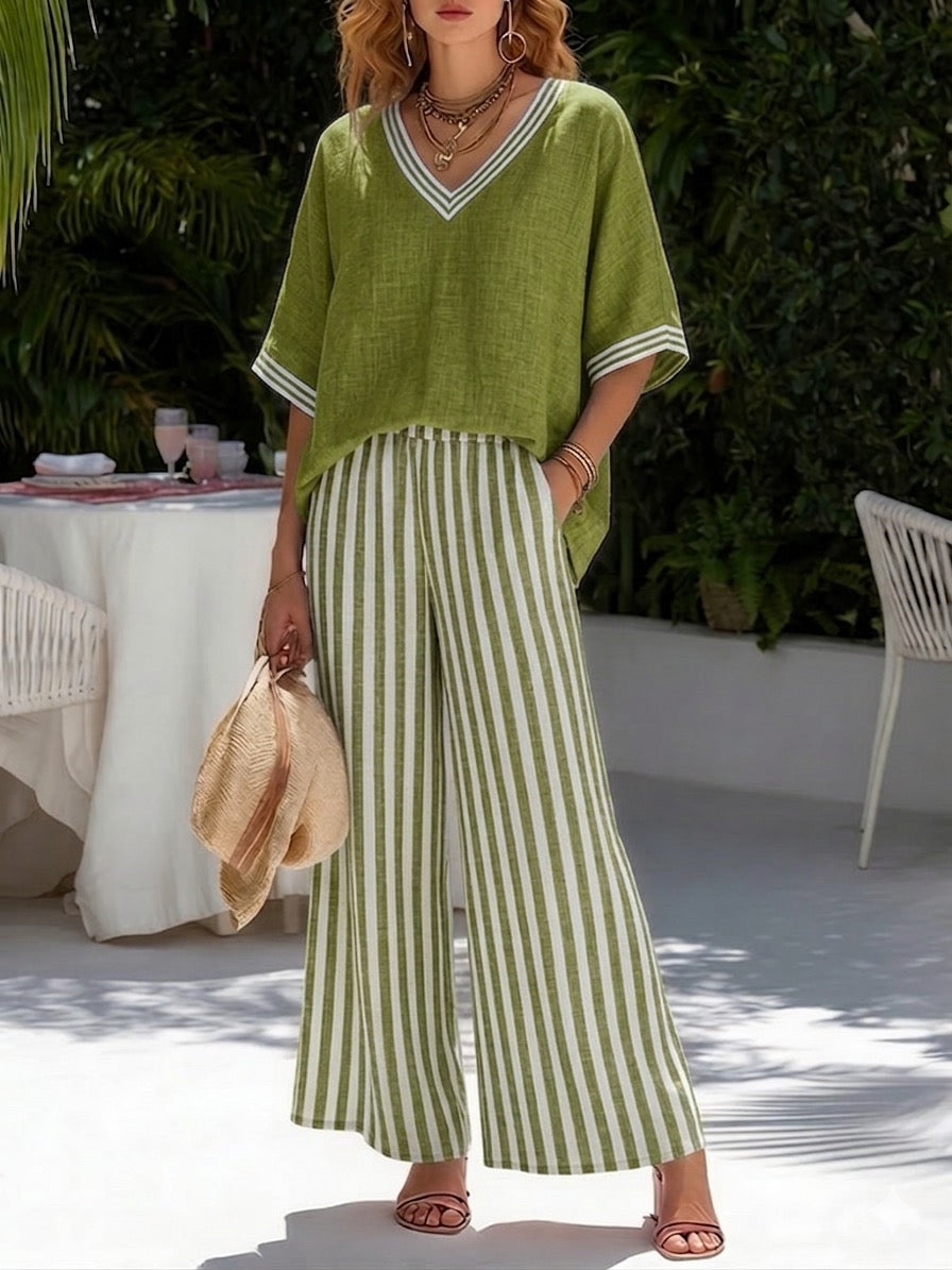 Ropa de verano para mujer: conjunto de lino y algodón a rayas. Estilo fresco, cómodo y transpirable.