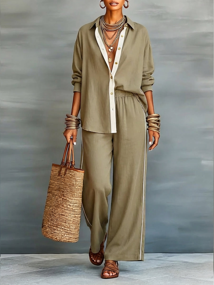 Conjunto casual chic de dos piezas para mujer, top escote V y pantalón cómodo. Ideal moda verano y estilo elegante.