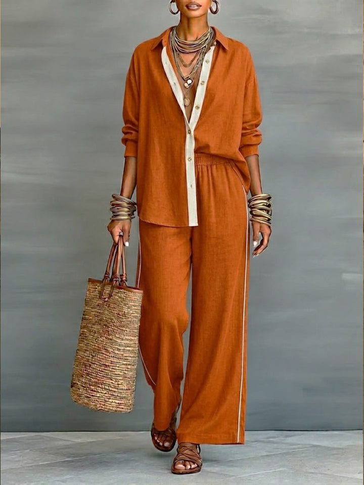 Conjunto elegante de dos piezas para mujer, estilo casual chic con top de escote V y pantalón. Moda cómoda y moderna.