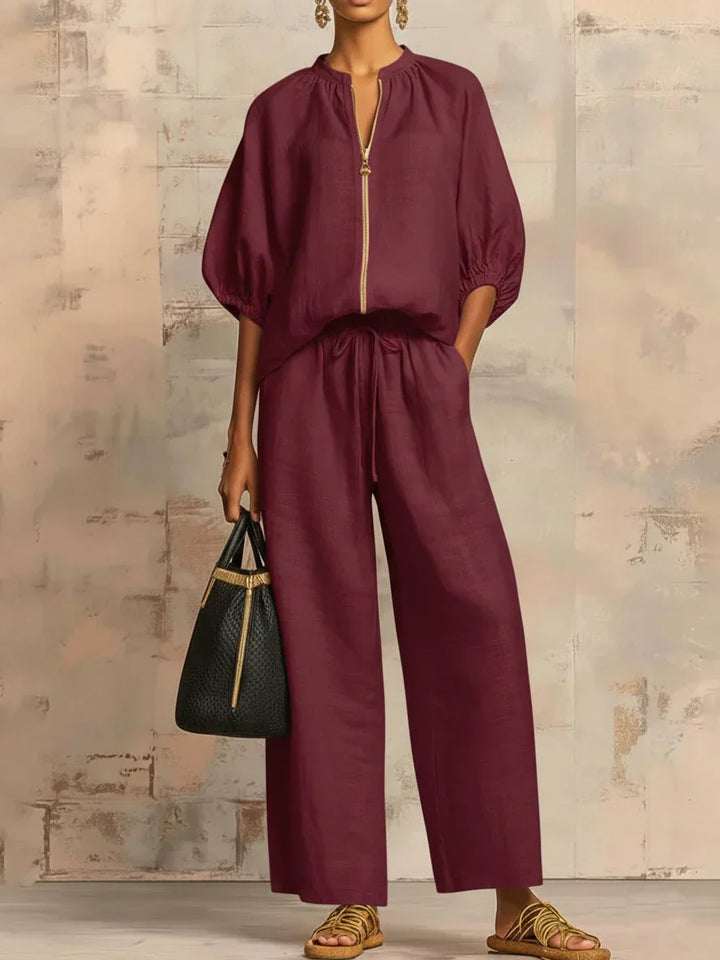 Conjunto de mujer dos piezas: camisa relajada y pantalón ancho elegante, ideal para verano.