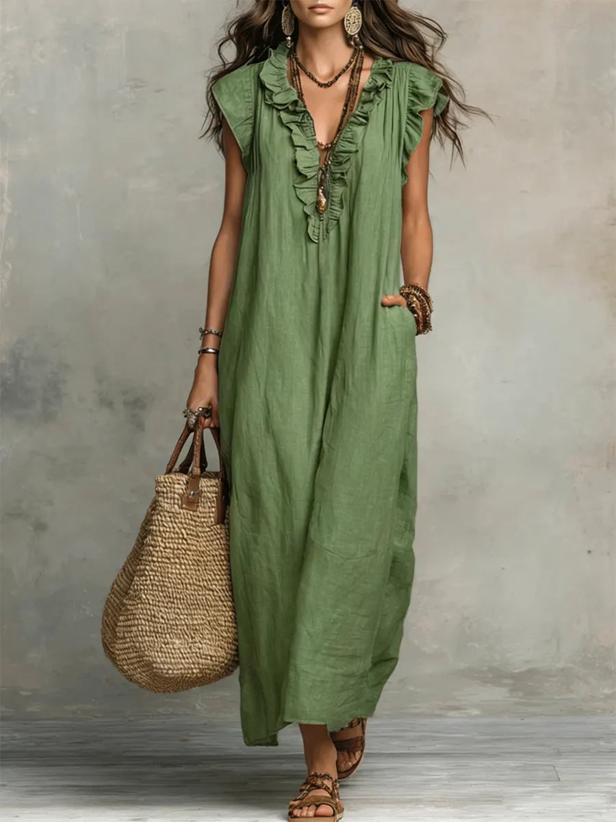 Vestido mujer bohemio con escote V y volantes. Diseño fluido, fresco y perfecto como vestido de playa.