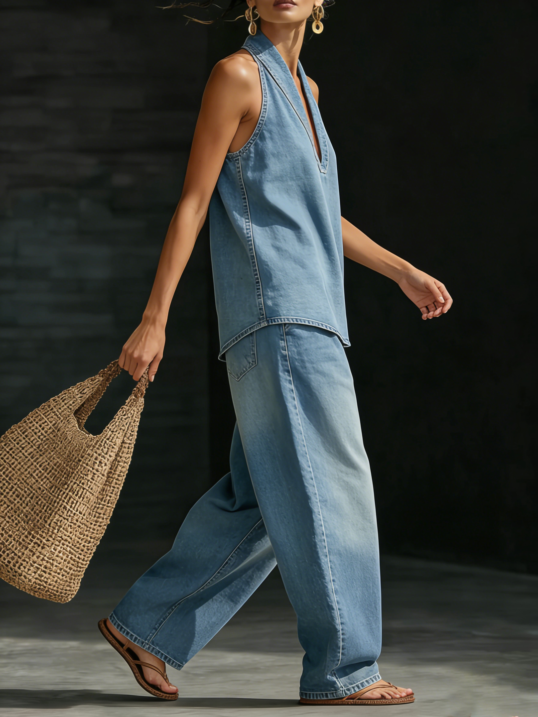 Mujer luciendo conjunto denim de dos piezas: top halter y jeans anchos. Look casual moderno.