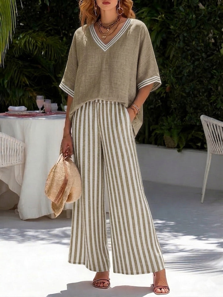 Detalle de la textura del conjunto de lino a rayas para mujer, tejido fresco y transpirable para verano.