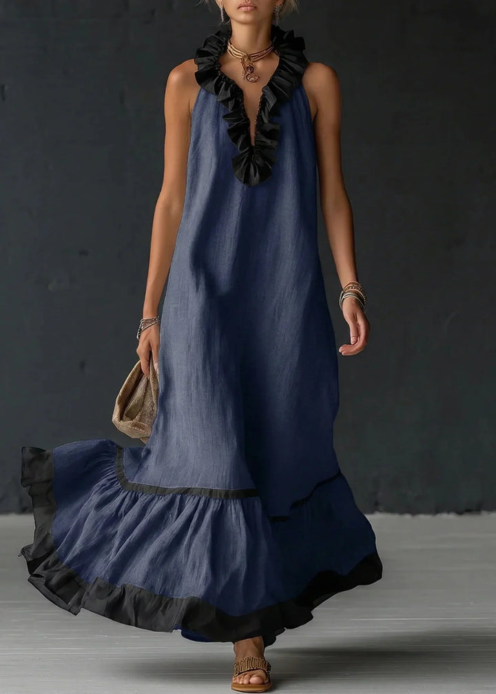 Vestido largo casual de mujer con cuello halter y volantes. Perfecto para la moda de verano y ropa fresca.