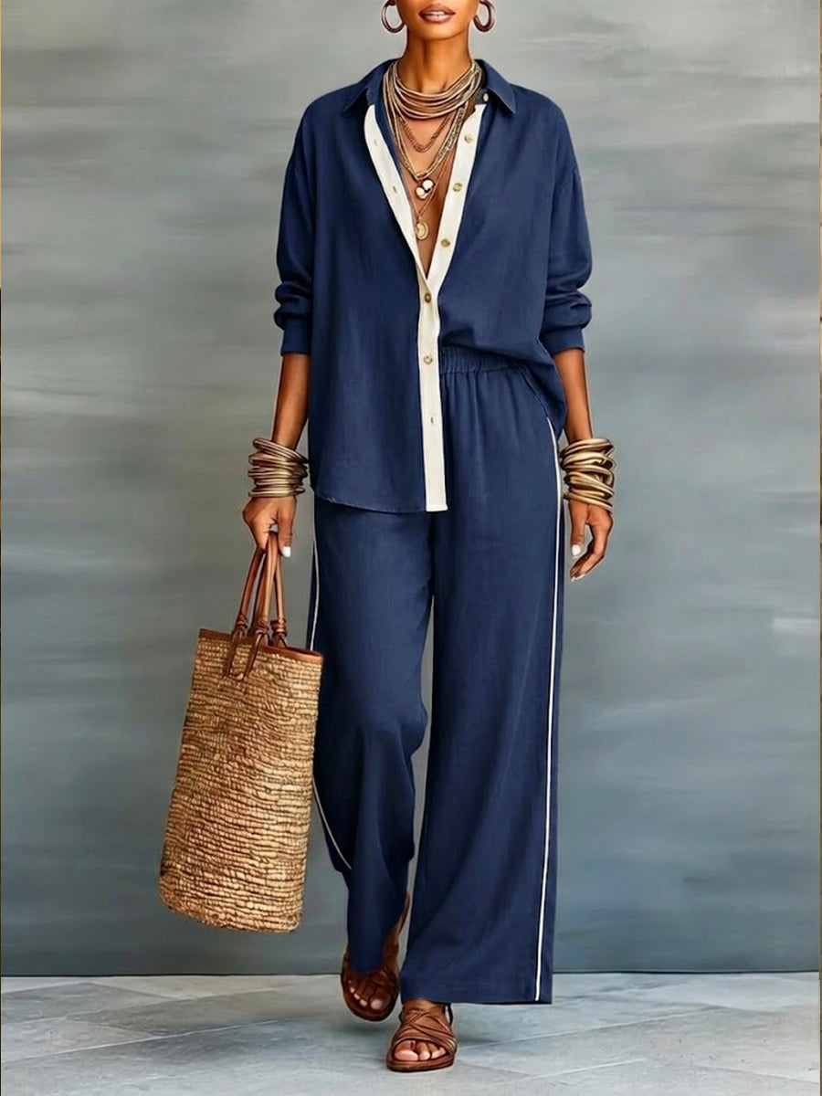 Mujer vistiendo conjunto dos piezas casual chic. Top de verano y pantalón transpirable. Estilo cómodo y elegante.