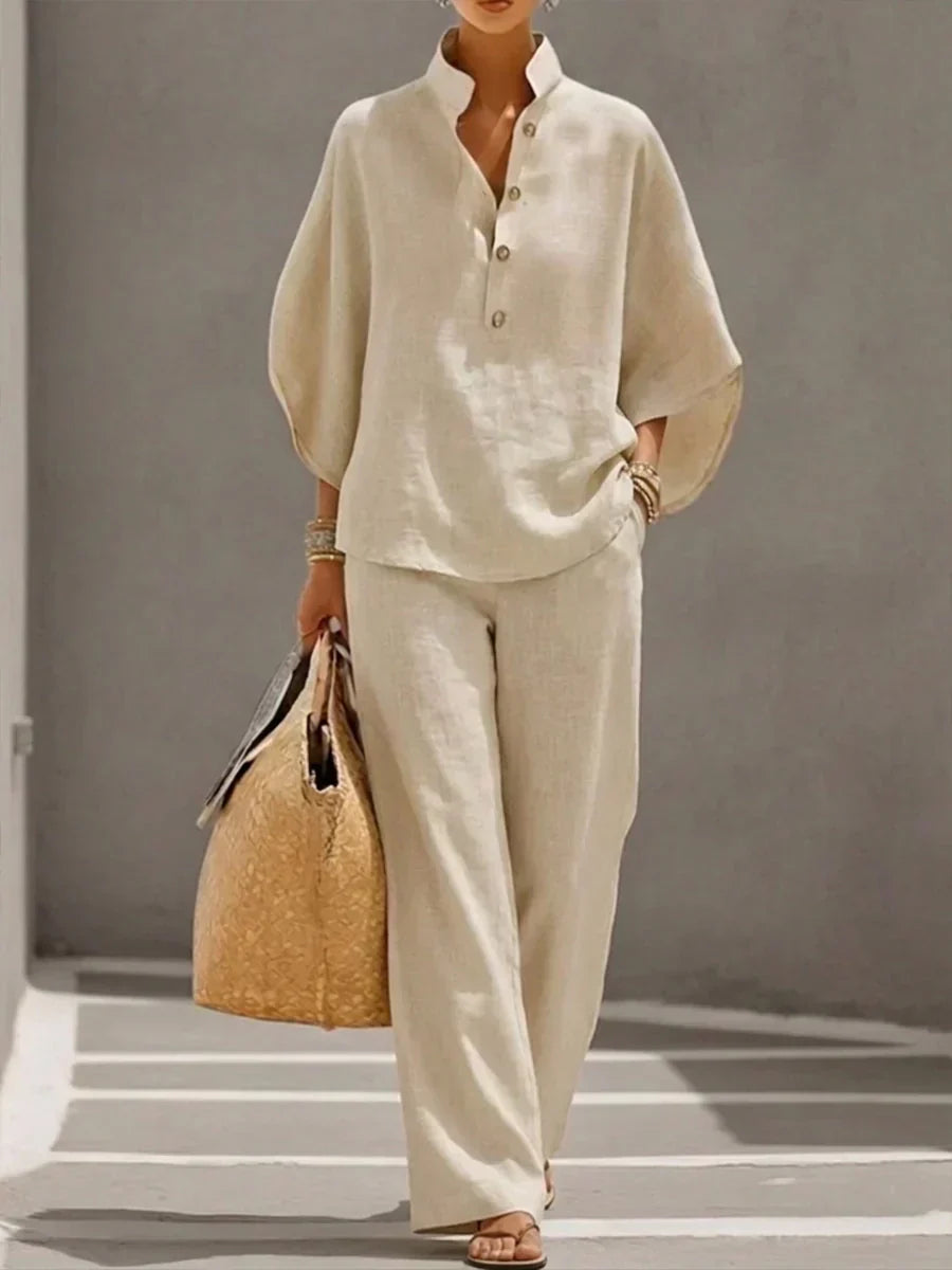 Elegante conjunto de lino para mujer, blusa fluida murciélago y pantalón ancho. Estilo bohemio cómodo.