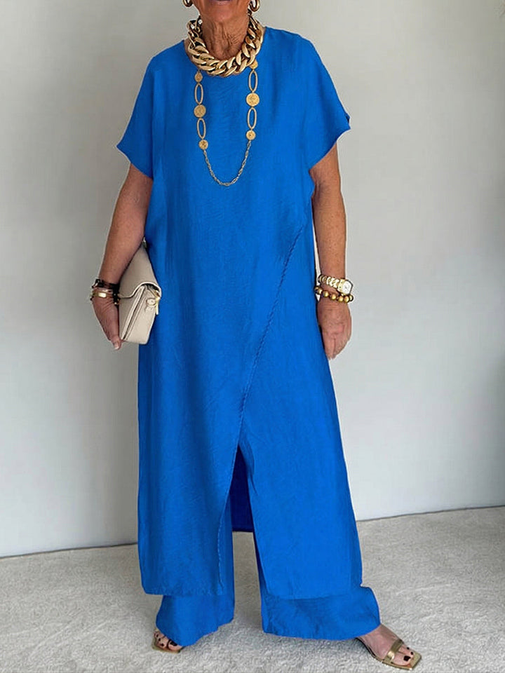 Conjunto de lino fresco para mujer: túnica asimétrica y pantalón ancho, cómodo y con estilo veraniego.